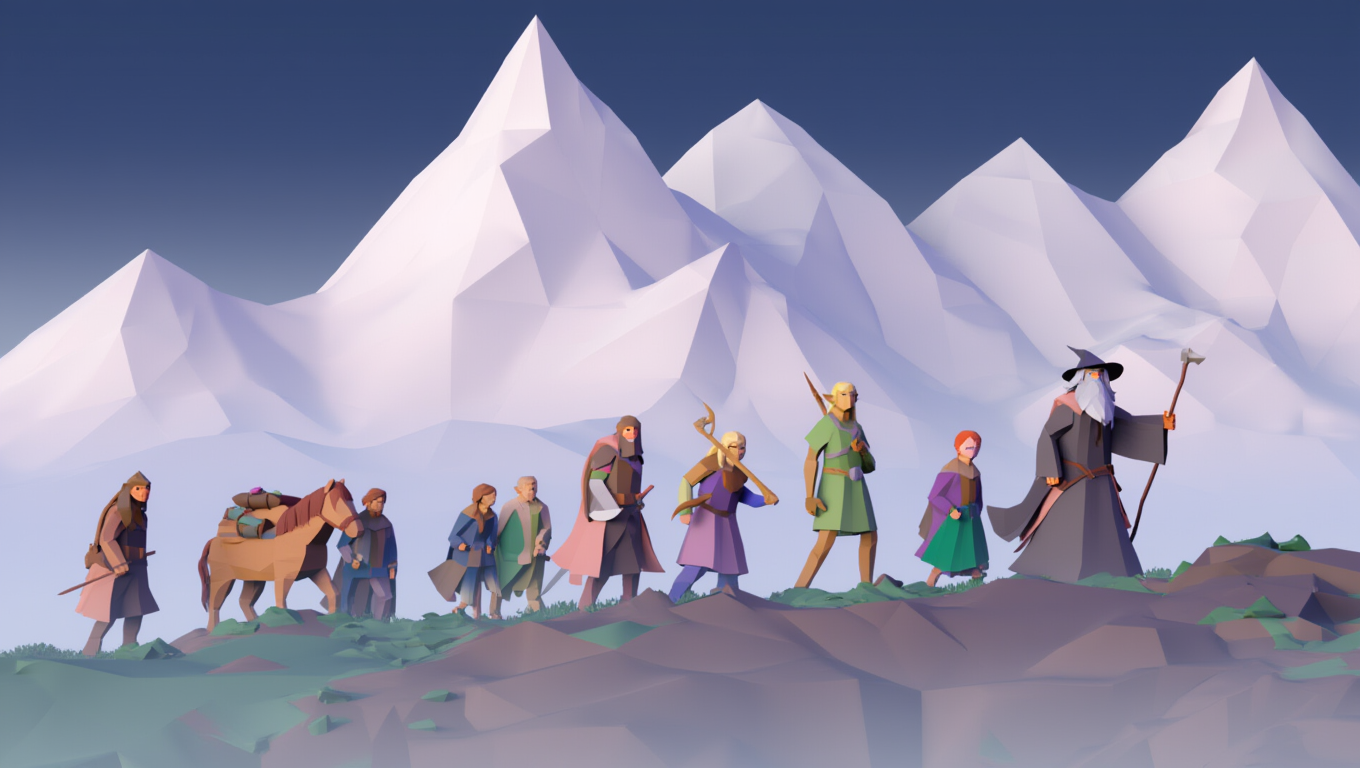 The Fellowship of the Ring crossing the mountains